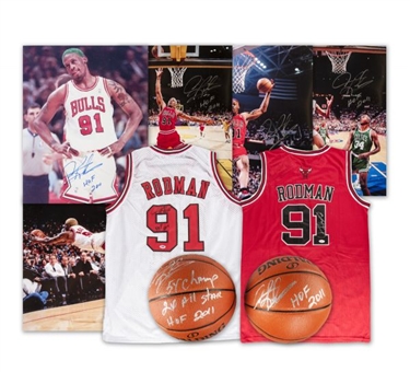 Large Dennis Rodman Autograph Lot of (16) Pieces: 11 Signed Assorted 16x20 Photos, 3 Signed Chicago Bulls Jerseys, & 2 Signed Basketballs